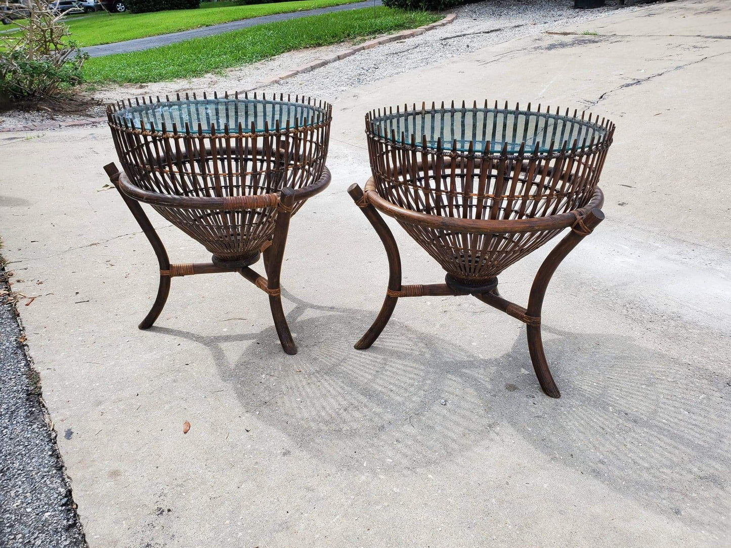 Franco Albini Tables/Vintage End Tables/Fish Trap Tables/MCM Fish Trap Tables/ Rattan Tables